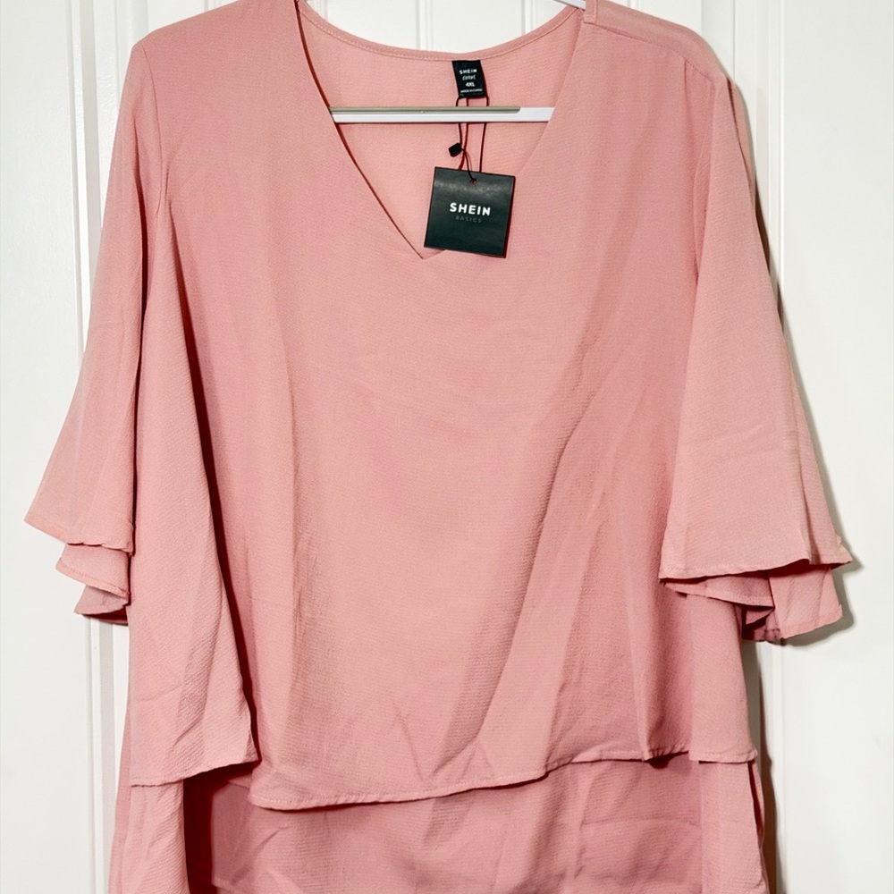 SHEIN Dusty Pink V-Neck Layered Ruffle Sleeve Tunic